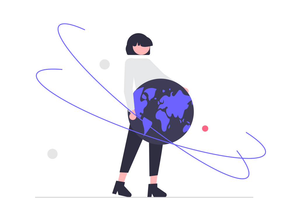 A woman holding the Earth with a couple things orbiting them