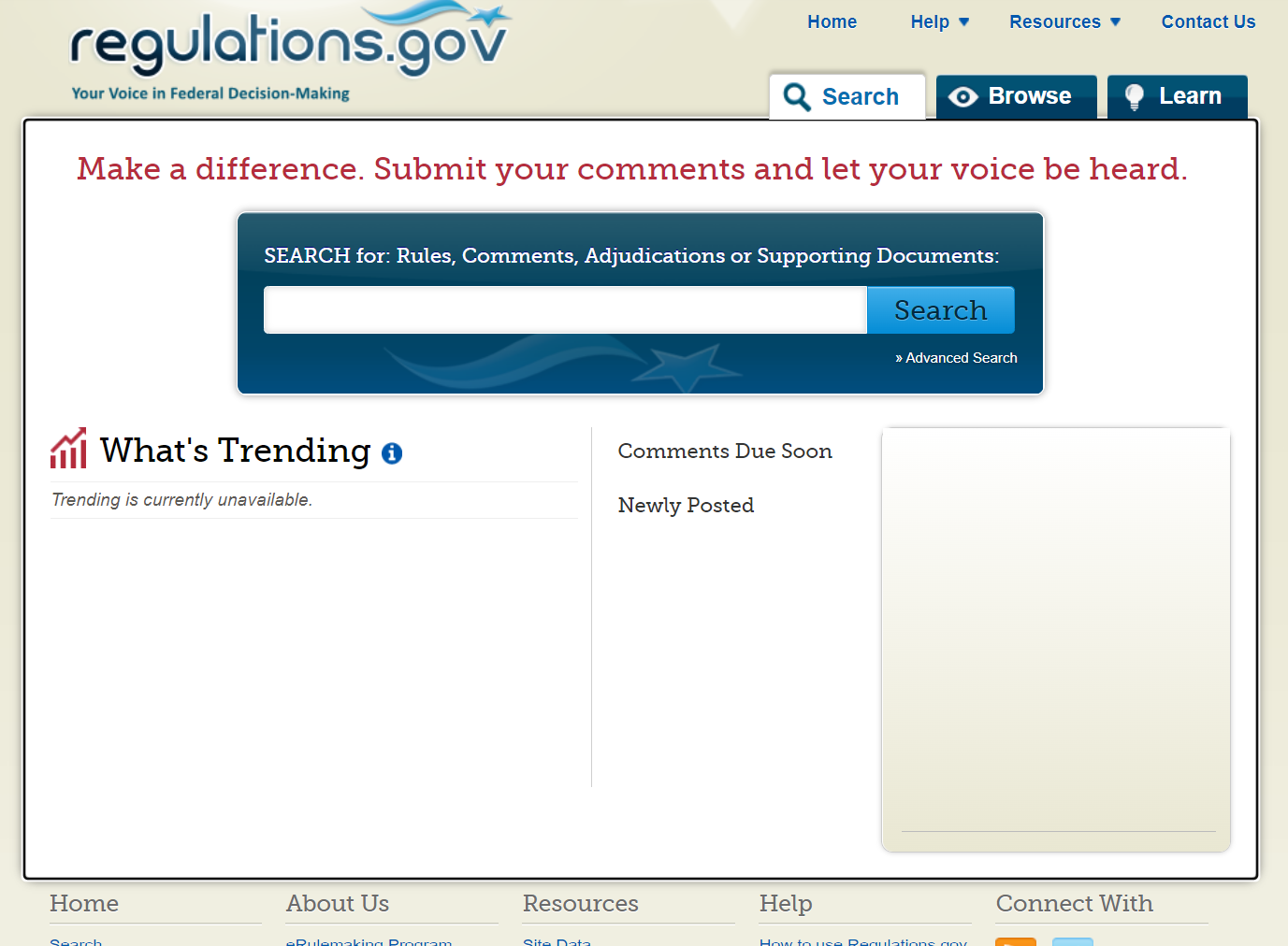 A screenshot of the old version of the regulations.gov website