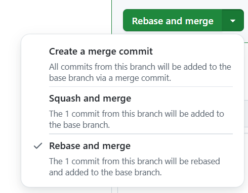 A screenshot of GitHubs Pull Request screen using rebase versus merge.