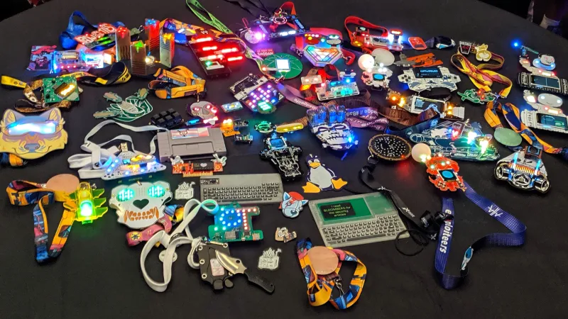 A table of various electronic badges from DEFCON 27