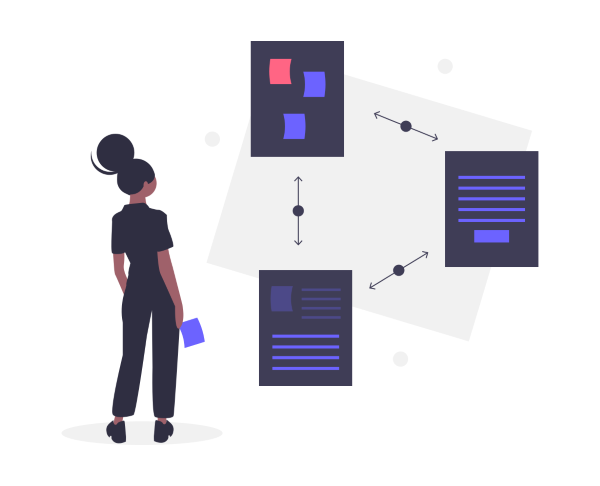 Woman looking at three process documents and thinking about change